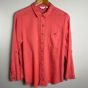Reitmans Women's Coral Linen Blend Long Sleeve Button Up‎ Shirt Size Large Beach